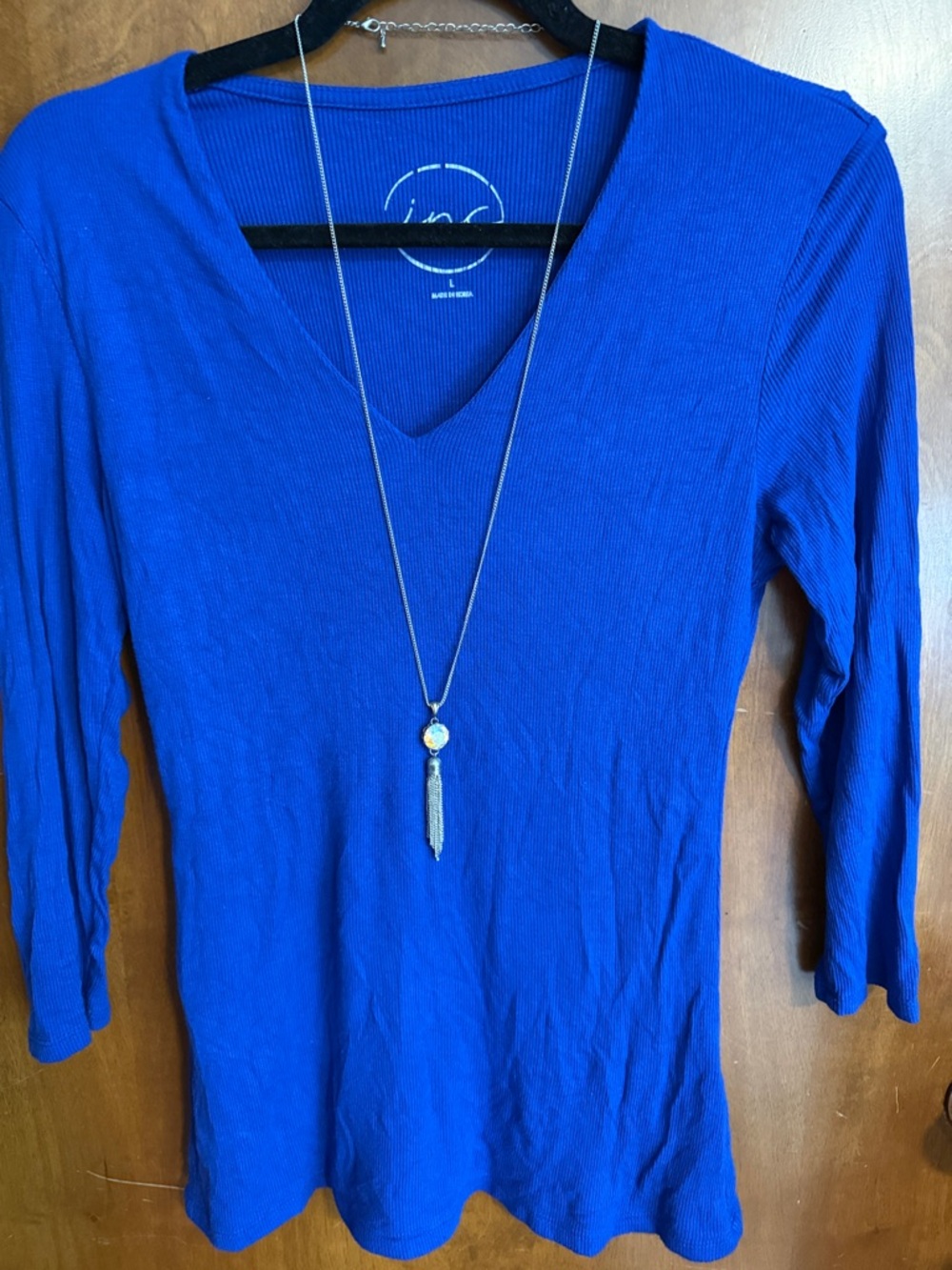 INC International Concepts Ribbed V-Neck Long Sleeve Top - Royal Blue